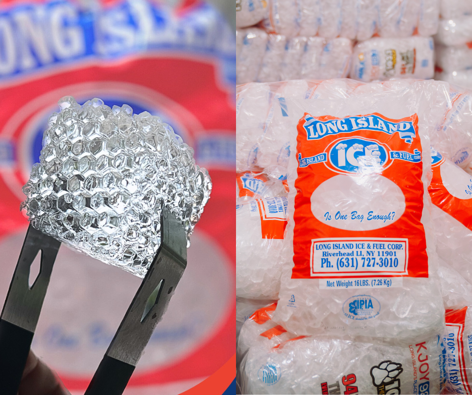 A side-by-side comparison of gourmet ice versus pre-packaged ice